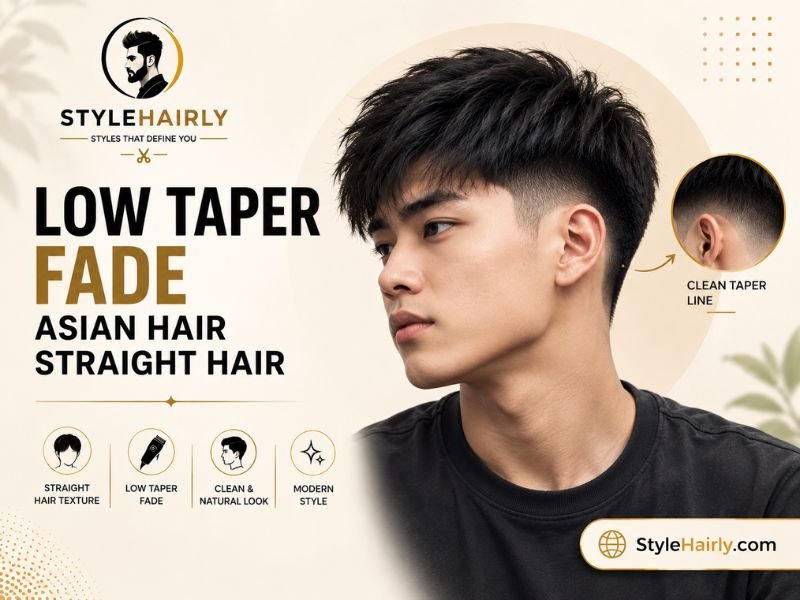 Crisp low taper fade line on straight Asian hair