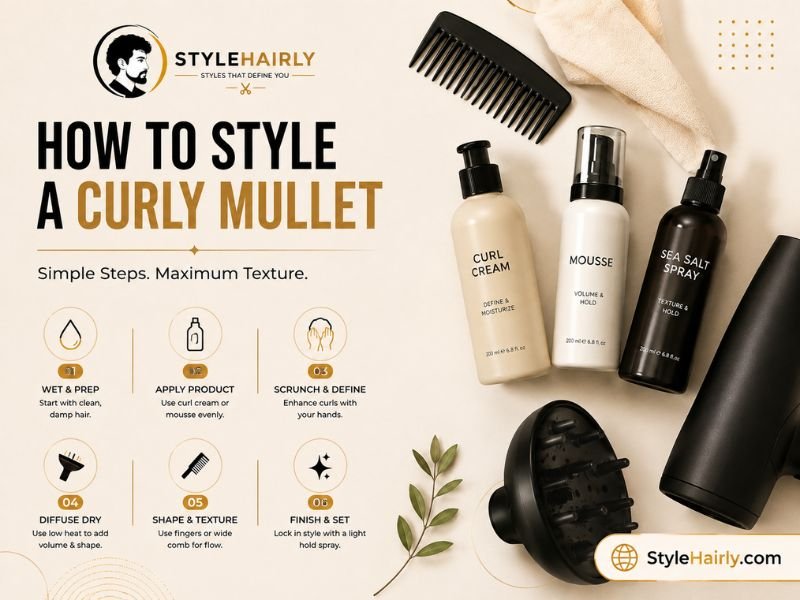 Curl cream, gel, and diffuser used for styling a curly mullet