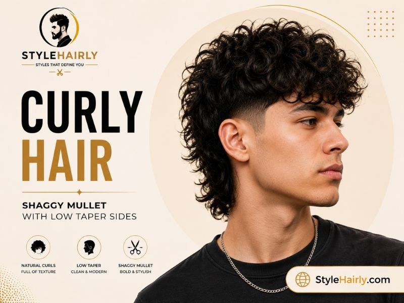 Curly hair mullet with low taper on the sides