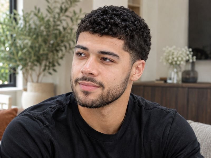 Curly hair styled in an 8 guard buzz cut