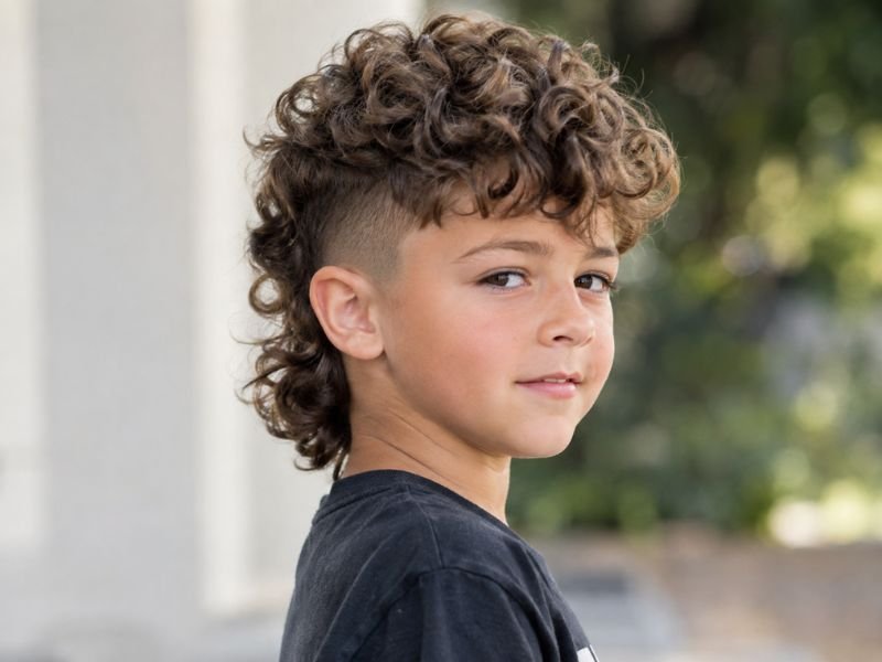 Curly kids mullet with soft layers and close sides