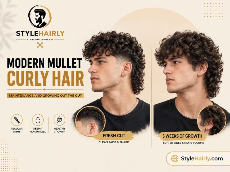 Curly modern mullet fade at different stages of regrowth