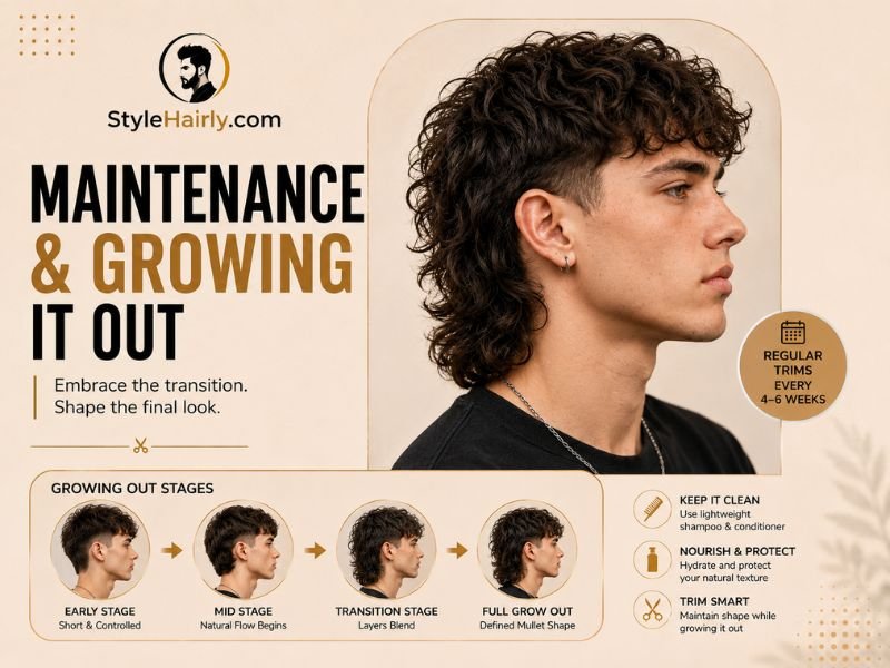 Curly mullet haircut in the growing-out stage