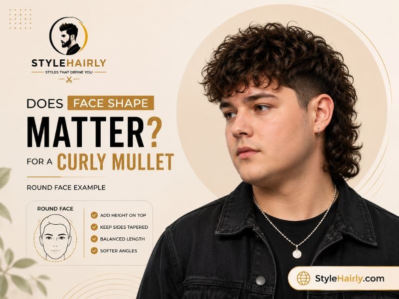 Curly mullet styled for a round face shape