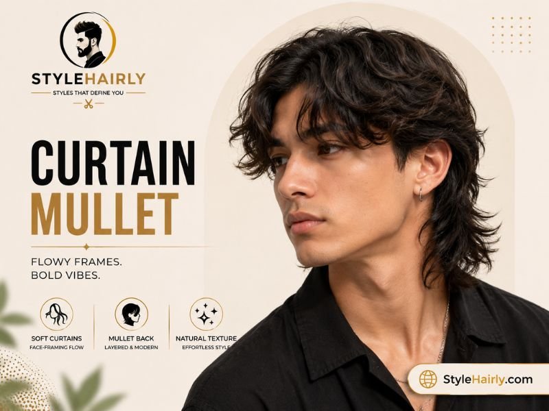 Curly mullet with curtain-style face-framing layers