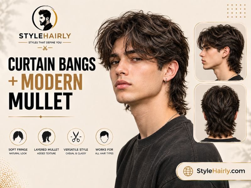 Curtain bangs paired with a modern mullet haircut