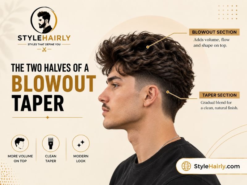 Diagram labeling the taper portion and blowout portion of the haircut