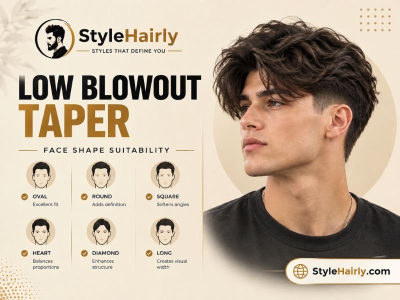 Diagram showing face shapes suited to a low blowout taper