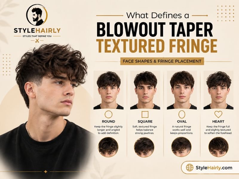 Diagram showing fringe styling adjustments for different face shapes