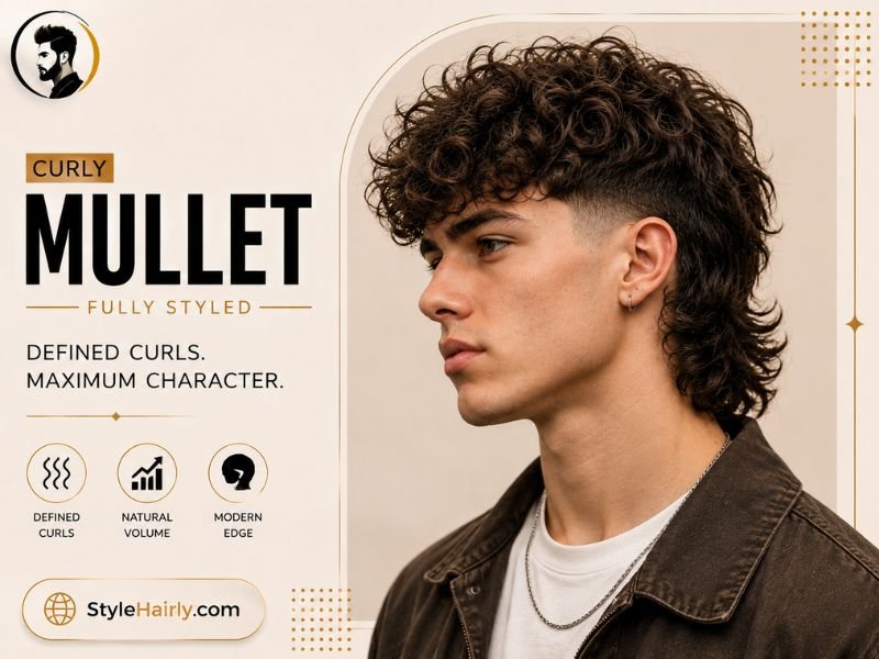 Finished curly mullet hairstyle with defined curls and volume