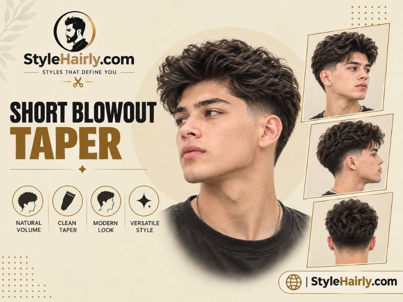 Finished short blowout taper haircut shown from multiple angles