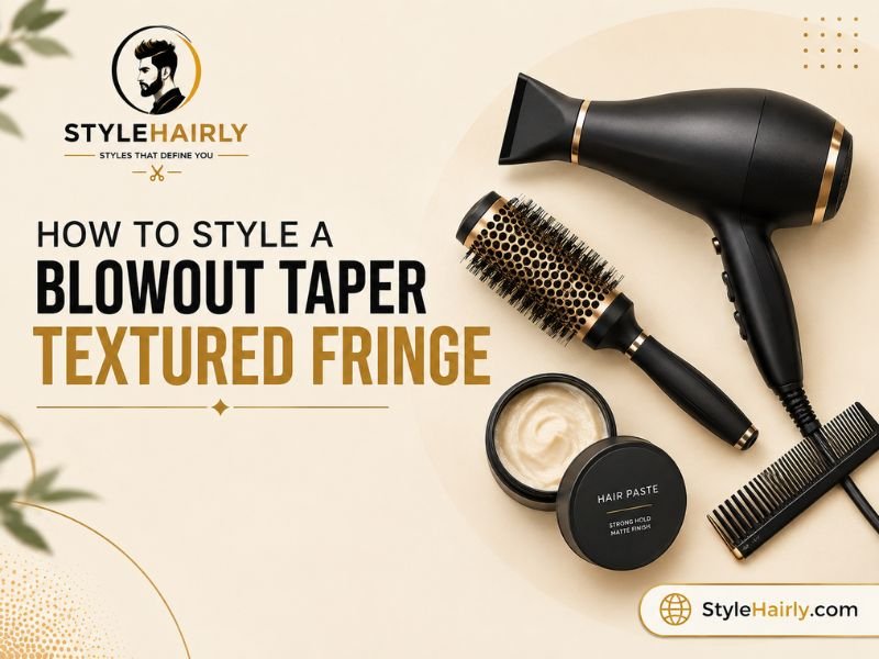 Flat lay of a round brush, blow dryer, and matte paste used for styling