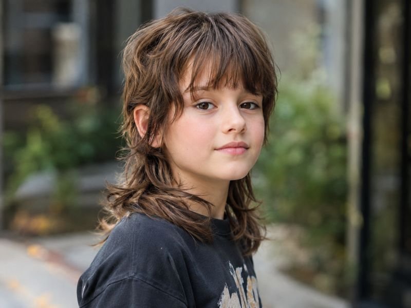 Girl with a soft layered kids mullet haircut