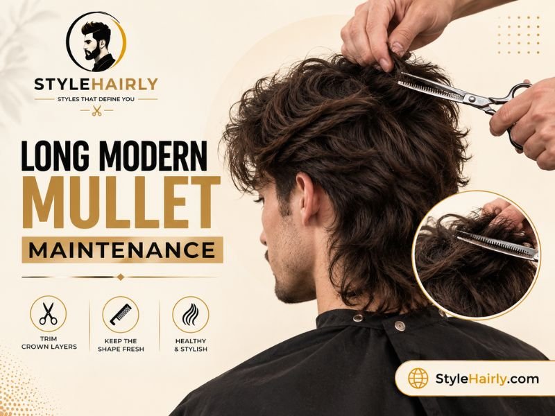 Hairstylist trimming crown layers to maintain mullet shape