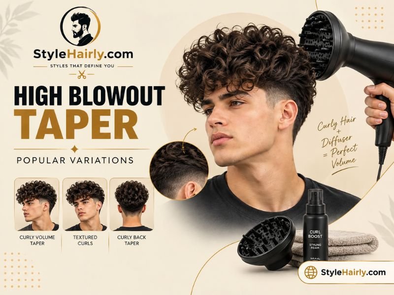 High fade with curly top hair styled using a diffuser