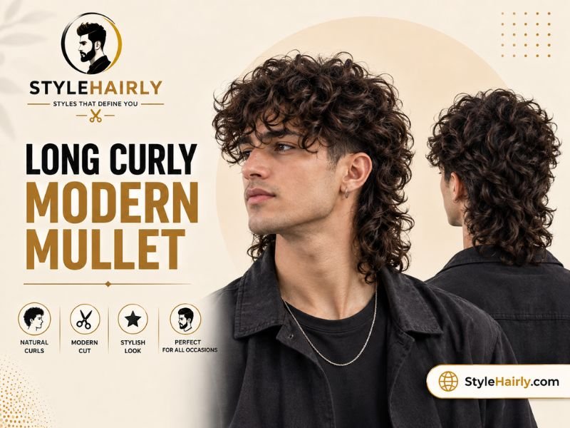 Long curly modern mullet shown from front and back