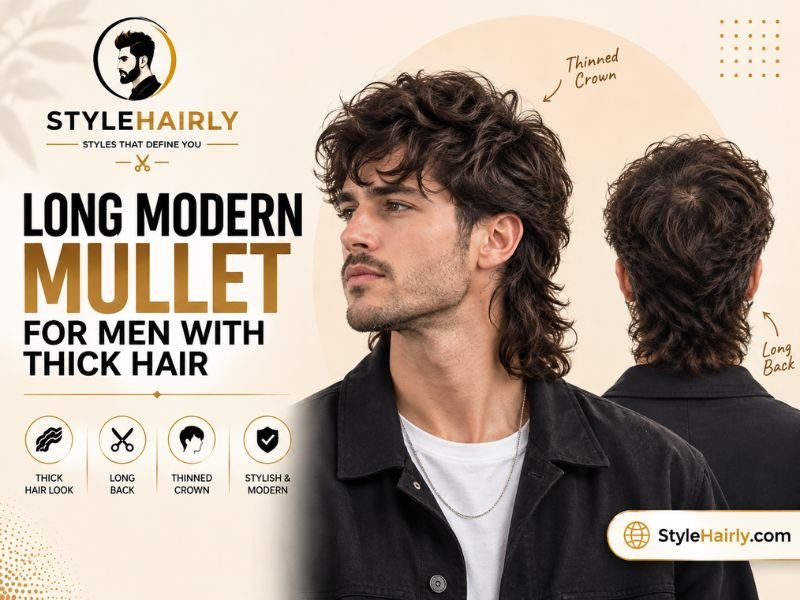 Long modern mullet on thick hair with thinned crown