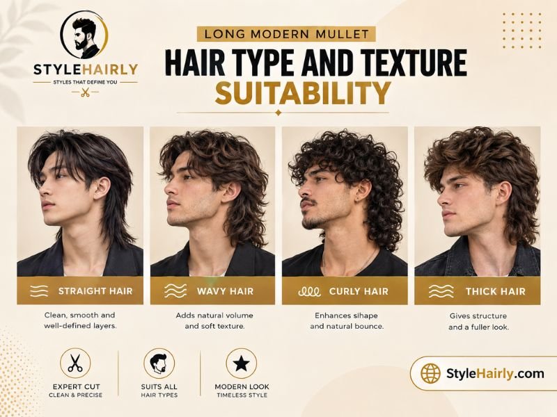 Long modern mullet shown on four different hair types