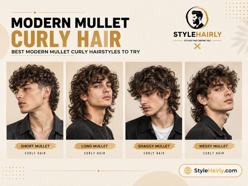Lookbook of modern mullet curly hairstyle variations for men