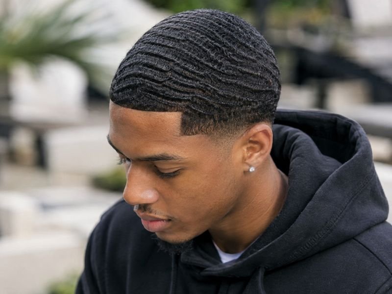 Low taper fade black male haircut with 360 waves