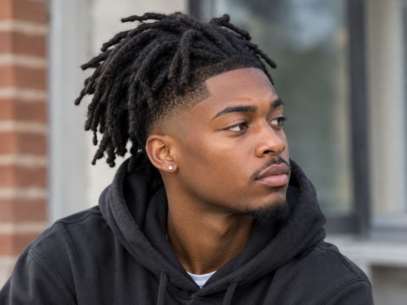 Low taper fade black male haircut with locs on top