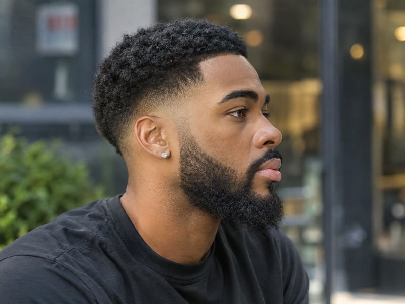 Low taper fade blended into a full beard