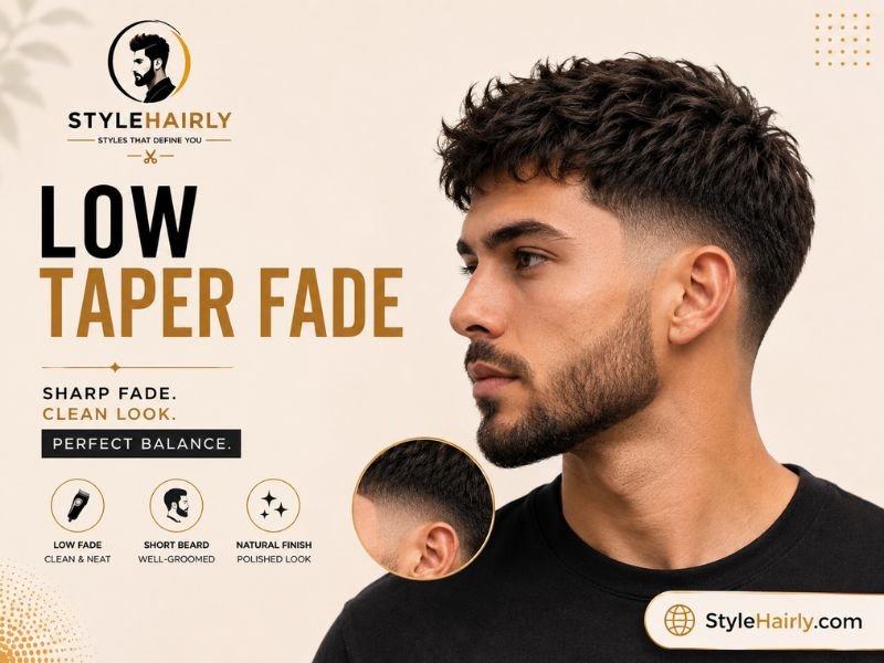 Low taper fade haircut paired with a short groomed beard