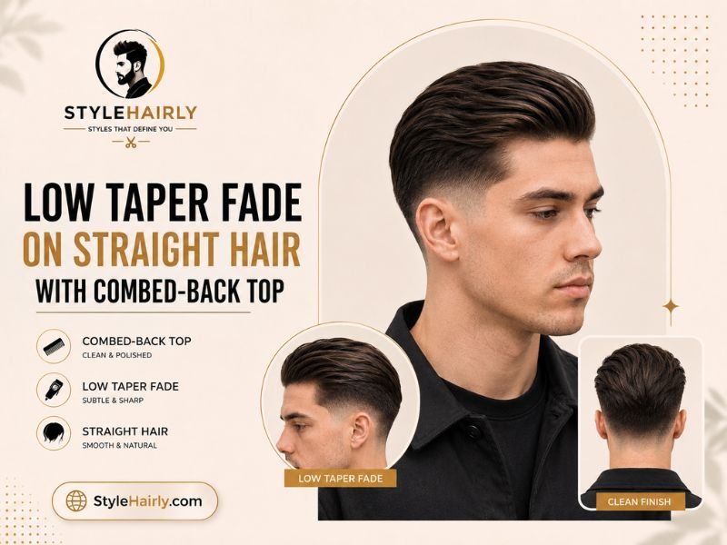 Low taper fade styled on straight hair with a combed-back top