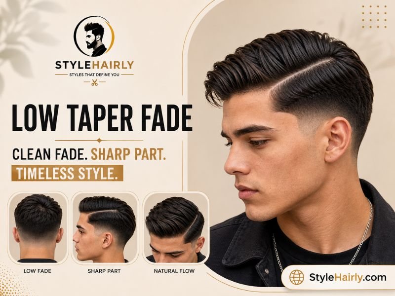 Low taper fade styled with a side part on top
