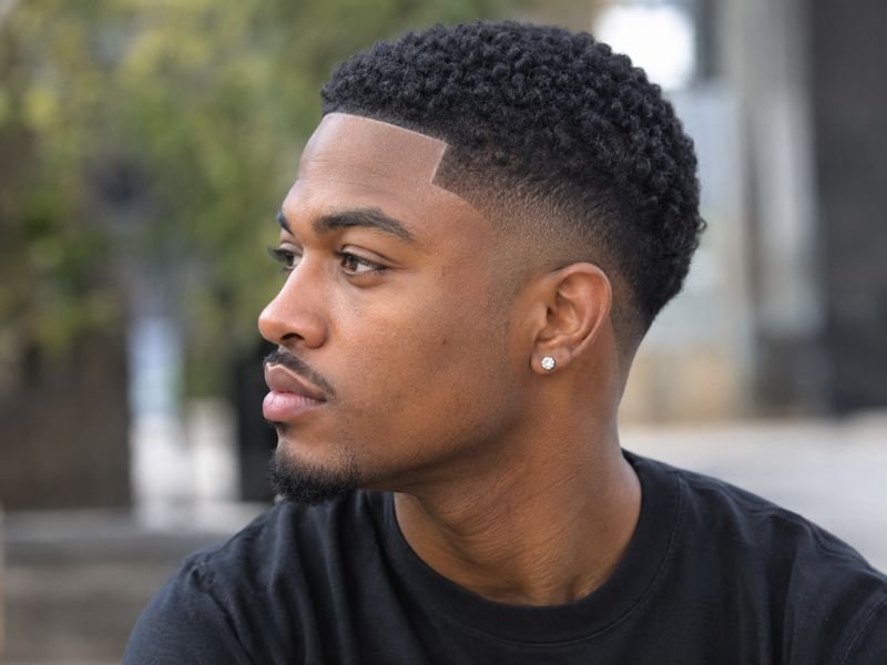 Low taper fade with a sharp line-up