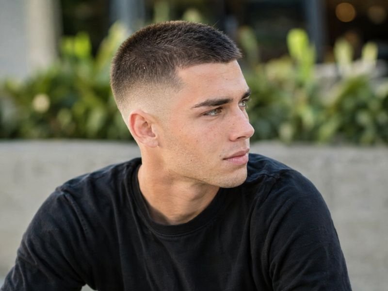 Low taper fade with buzz cut style