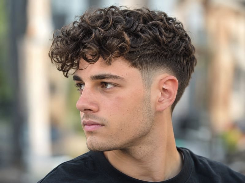 Low taper fade with curly hair on top