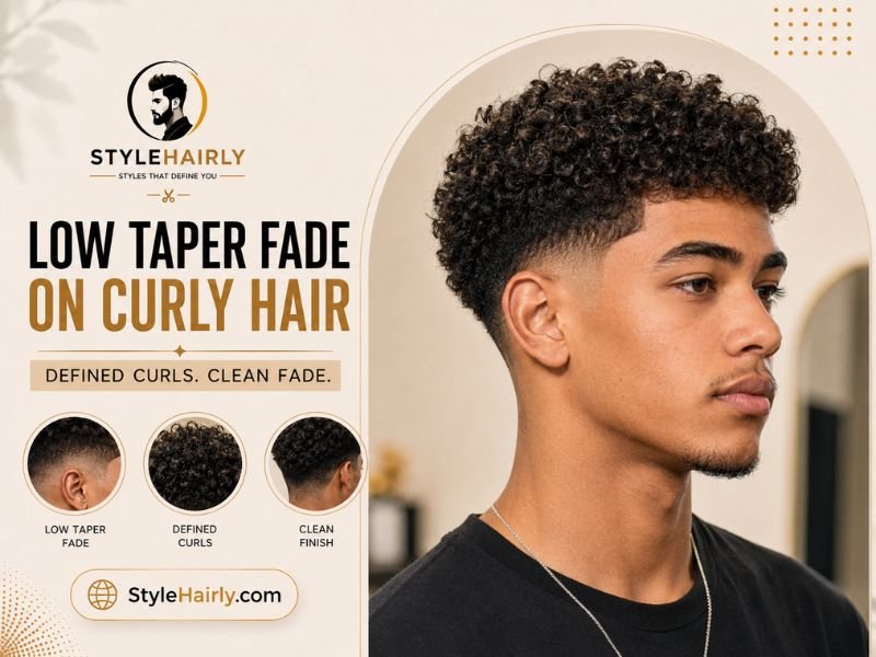 Low taper fade with defined curls left longer on top