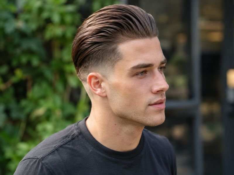 Low taper fade with slick back hairstyle