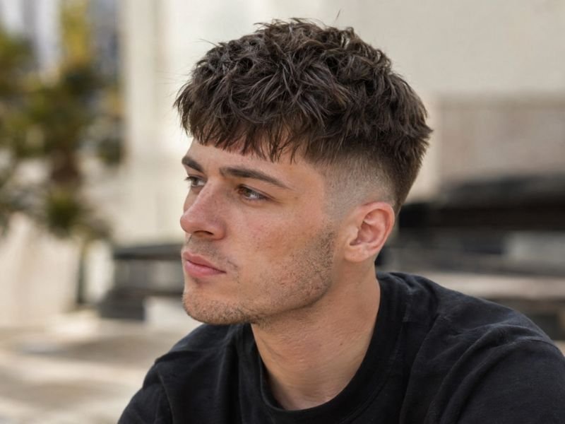 Low taper fade with textured crop fringe