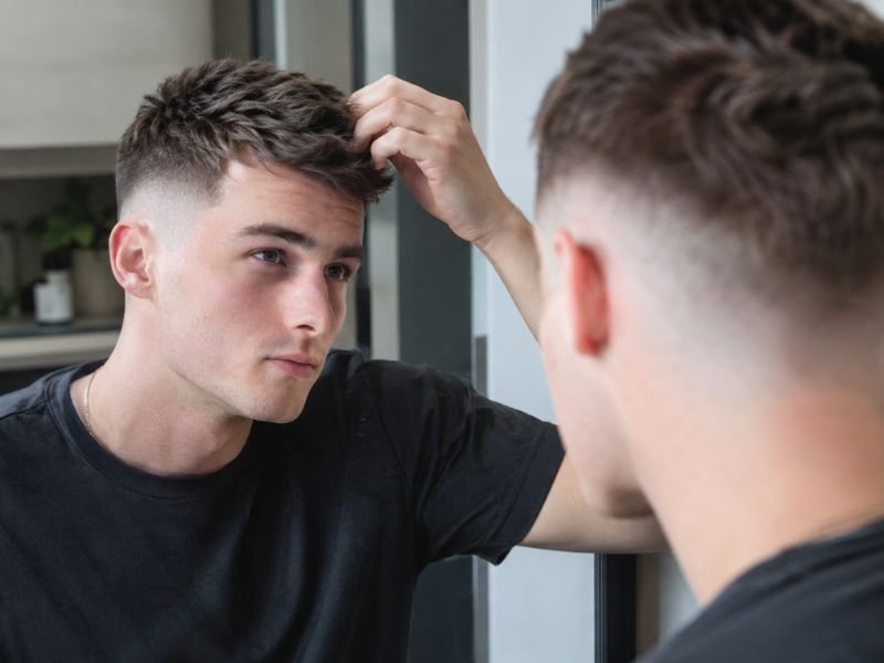 Man checking his low taper fade haircut