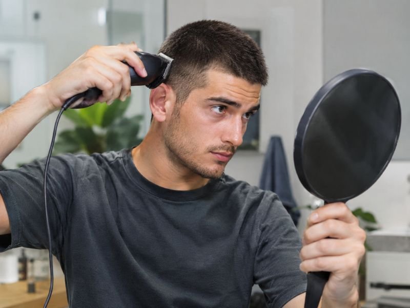 Man cutting his own 4 guard buzz cut at home