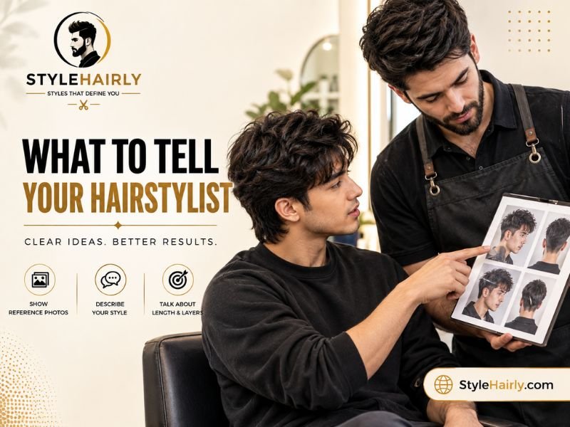 Man discussing a modern mullet haircut reference photo with his barber