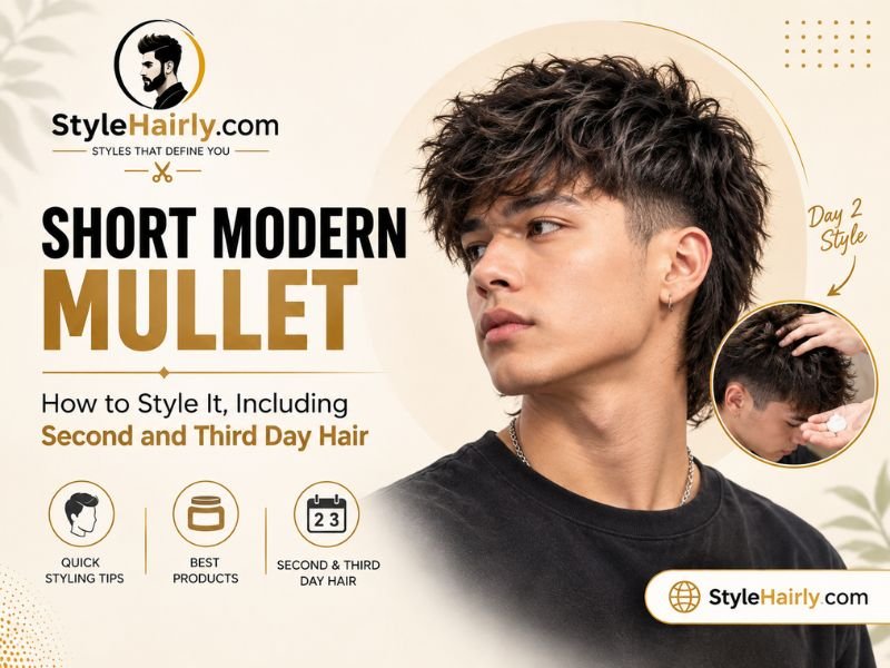 Man reapplying styling product to second-day short modern mullet hair