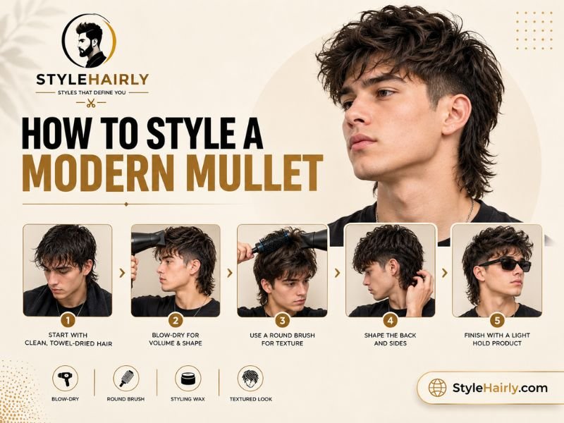 Man styling a modern mullet with a round brush and blow-dryer