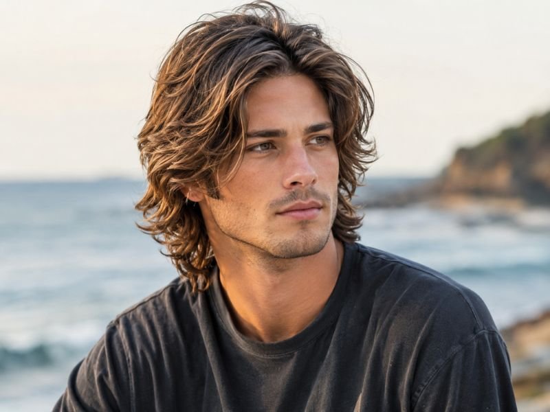 Man with classic surfer shag haircut style