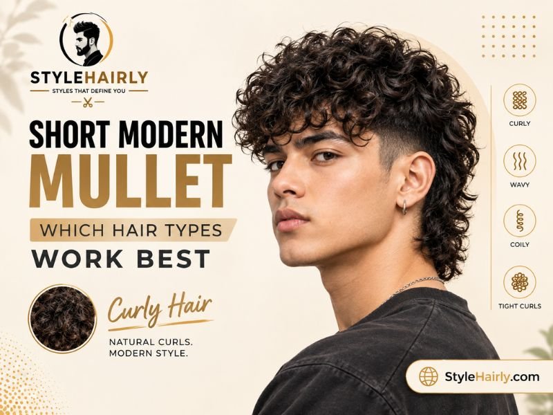 Man with curly hair styled into a short modern mullet