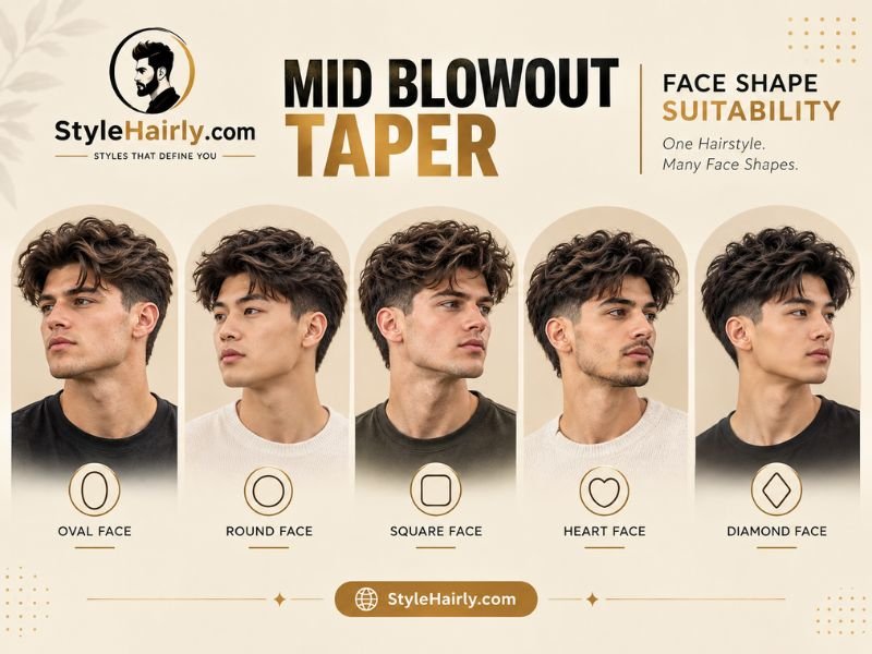 Mid blowout taper haircut shown on different face shapes