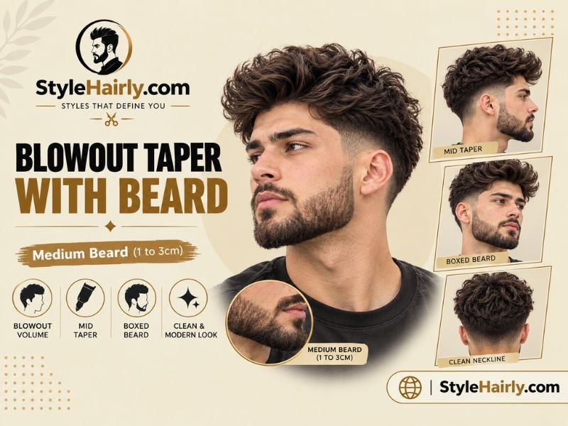 Mid blowout taper paired with a short boxed beard