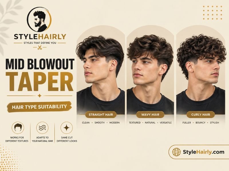 Mid blowout taper styled on straight, wavy, and curly hair