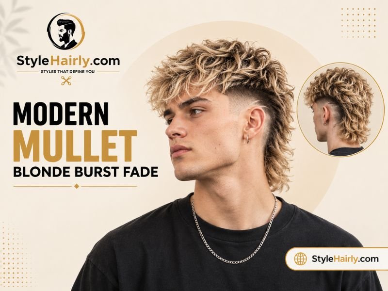 Modern mullet blonde burst fade with lightened top hair