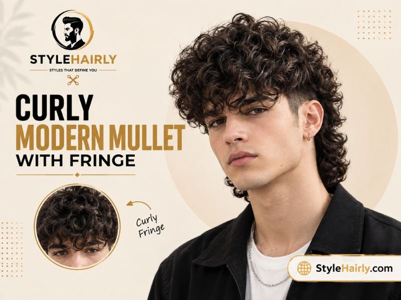 Modern mullet curly hairstyle with a fringe