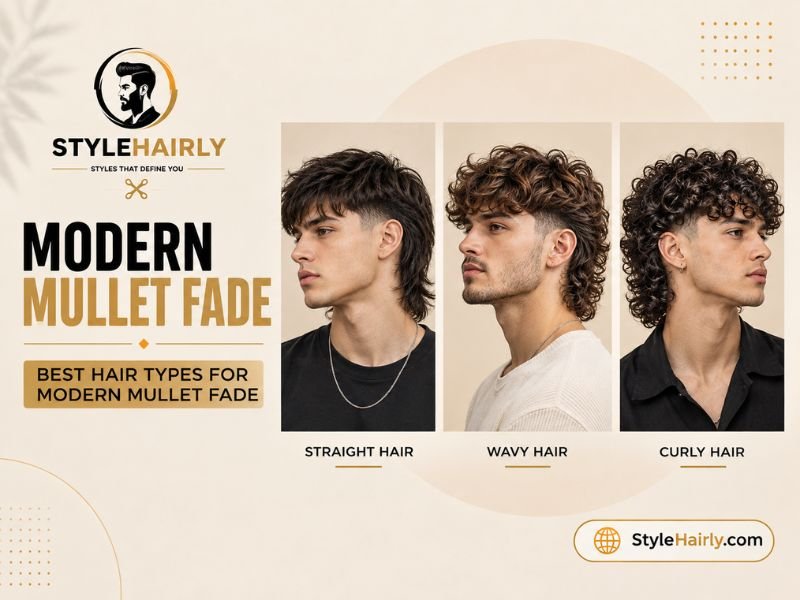 Modern mullet fade compared across straight, wavy, and curly hair types