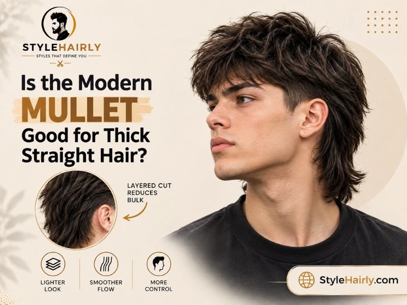 Modern mullet haircut on thick straight hair with layered ends