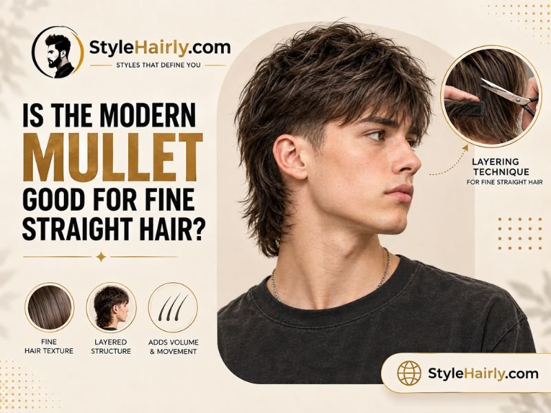 Modern mullet layering shown on fine straight hair